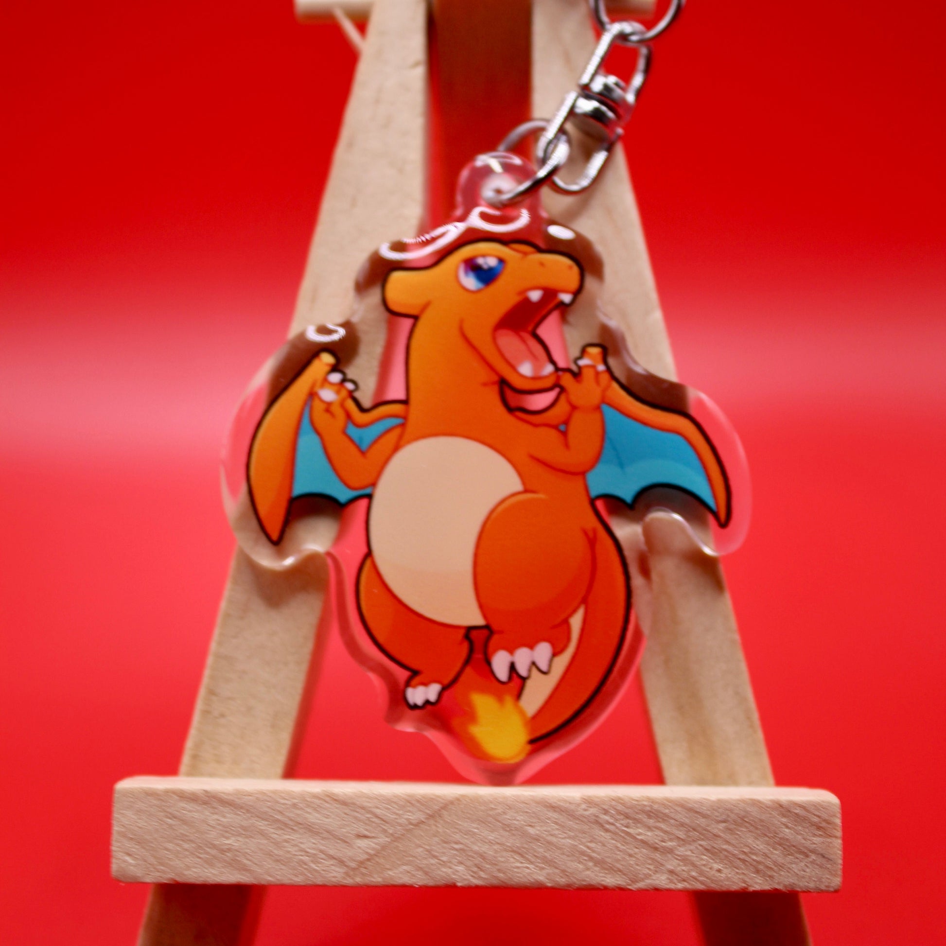 Charizard Acrylic Keychain Charm - Pokemon Keychain - Silver Tone Round Clasp Keychain - Cute Pokemon Keychain