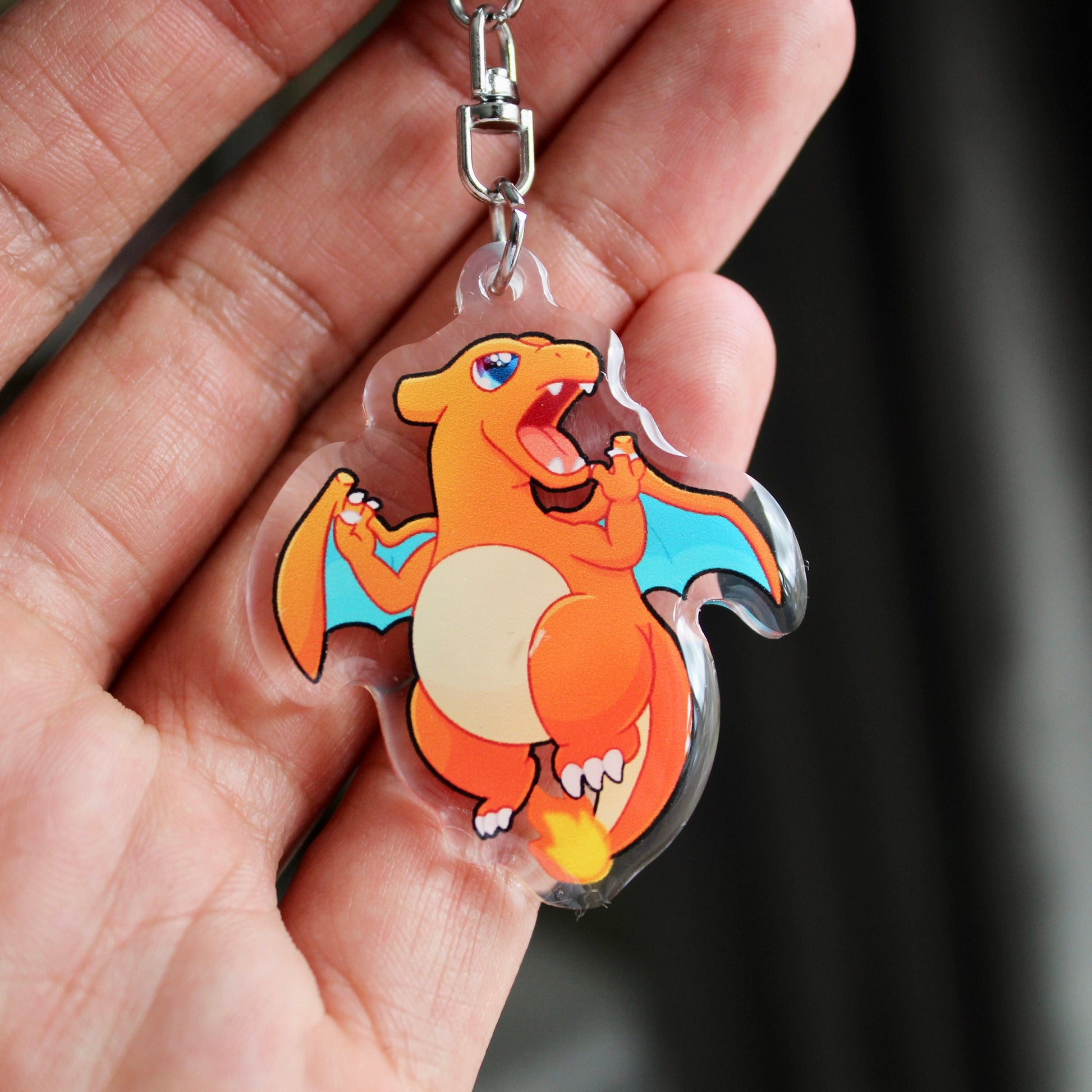 Charizard Acrylic Keychain Charm - Pokemon Keychain - Silver Tone Round Clasp Keychain - Cute Pokemon Keychain