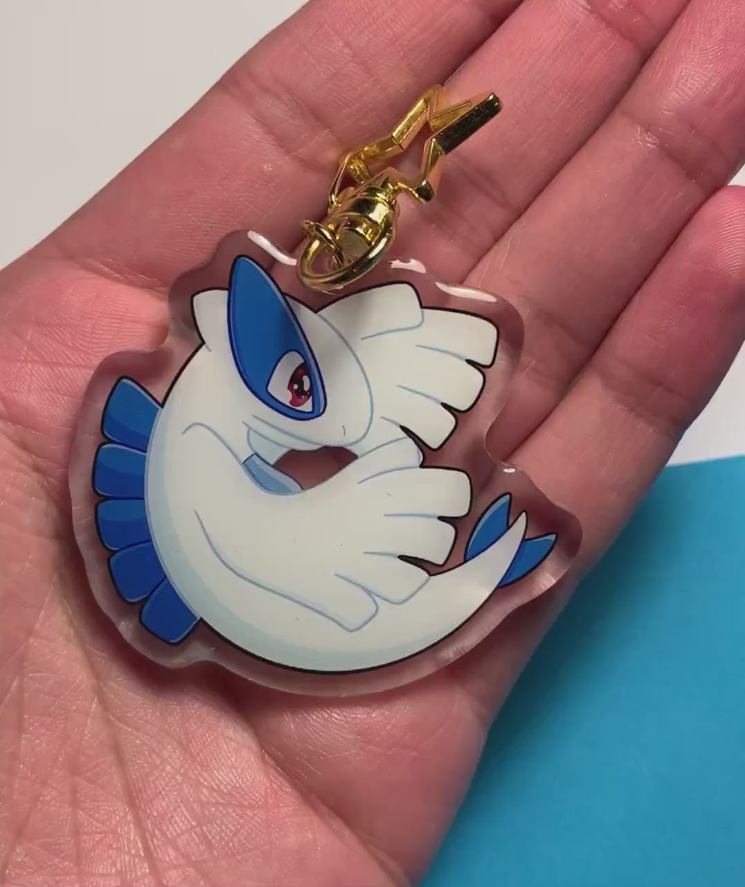 Lugia Acrylic Keychain Charm - Pokemon Keychain - Gold Tone Star Clasp Keychain - Cute Pokemon Keychain