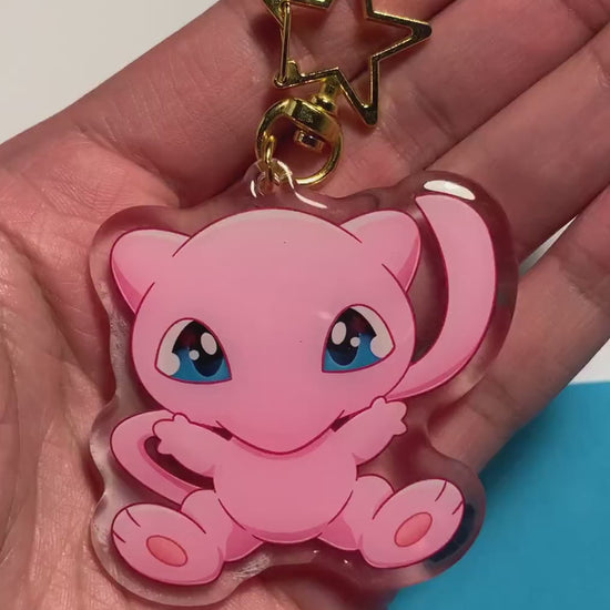 Mew Acrylic Keychain Charm - Pokemon Keychain - Gold Tone Star Clasp Keychain - Cute Pokemon Keychain