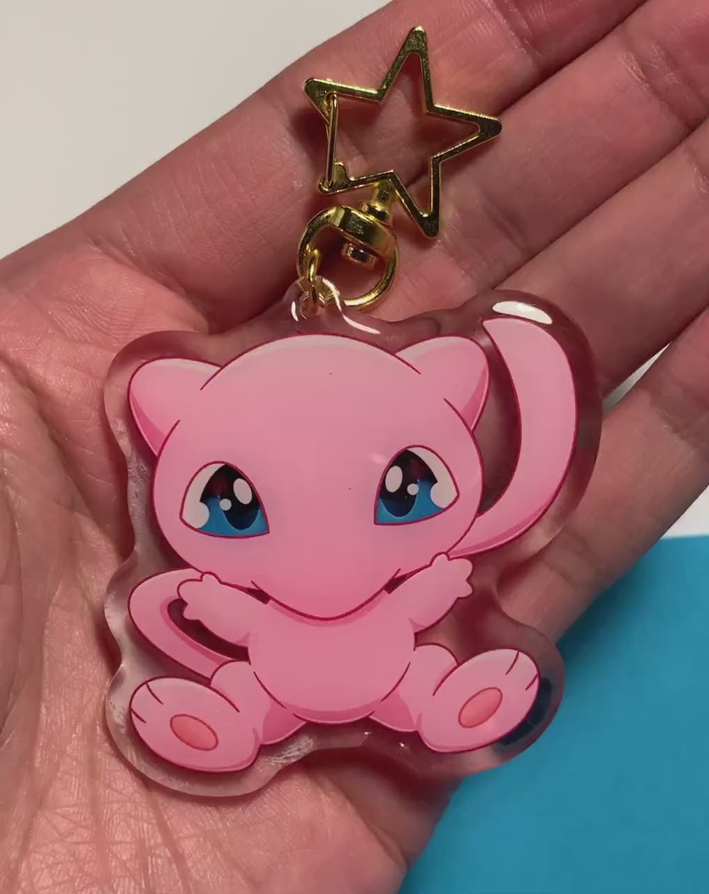 Mew Acrylic Keychain Charm - Pokemon Keychain - Gold Tone Star Clasp Keychain - Cute Pokemon Keychain