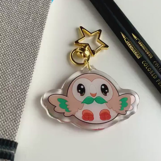 Rowlet Acrylic Keychain Charm - Pokemon Keychain - Gold Tone Star Clasp Keychain - Cute Pokemon Keychain