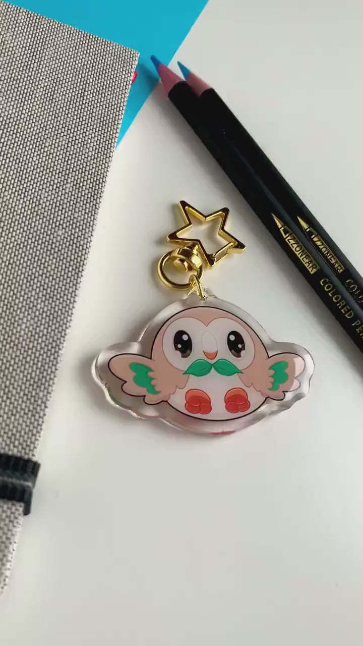 Rowlet Acrylic Keychain Charm - Pokemon Keychain - Gold Tone Star Clasp Keychain - Cute Pokemon Keychain