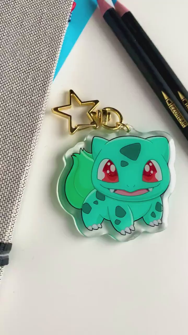 Bulbasaur Acrylic Keychain Charm - Pokemon Keychain - Gold Tone Star Clasp Keychain - Cute Pokemon Keychain