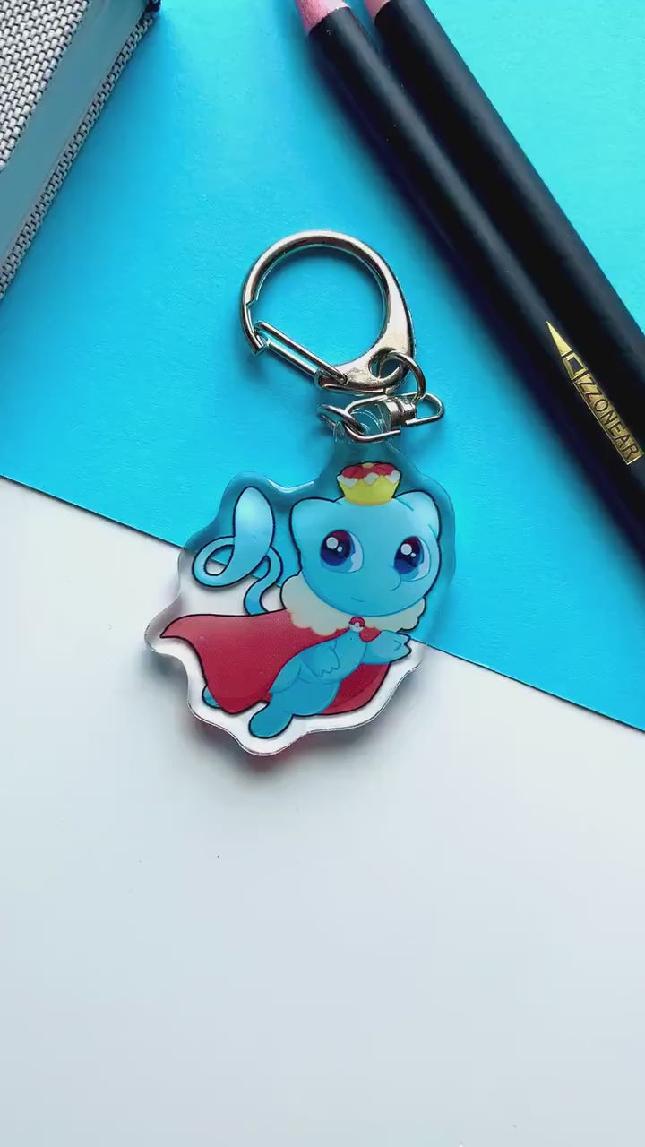 Shiny Mew Acrylic Keychain Charm - Pokemon Keychain - Silver Tone Round Clasp Keychain - Cute Pokemon Keychain