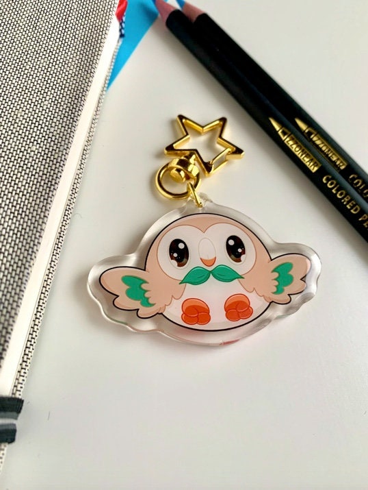 Rowlet Acrylic Keychain Charm - Pokemon Keychain - Gold Tone Star Clasp Keychain - Cute Pokemon Keychain