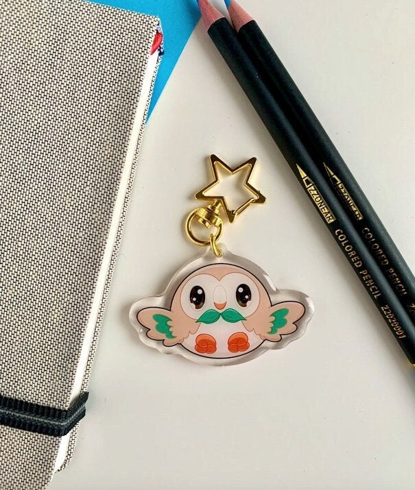 Rowlet Acrylic Keychain Charm - Pokemon Keychain - Gold Tone Star Clasp Keychain - Cute Pokemon Keychain