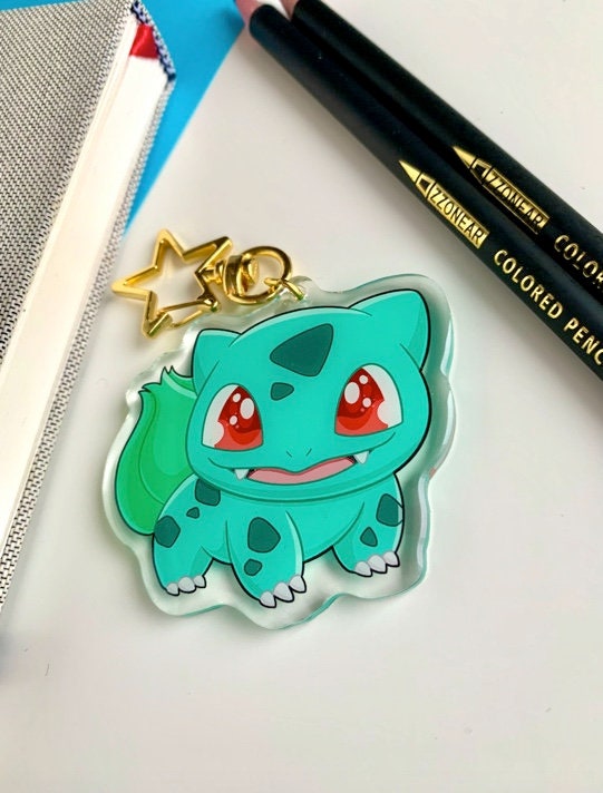 Bulbasaur Acrylic Keychain Charm - Pokemon Keychain - Gold Tone Star Clasp Keychain - Cute Pokemon Keychain