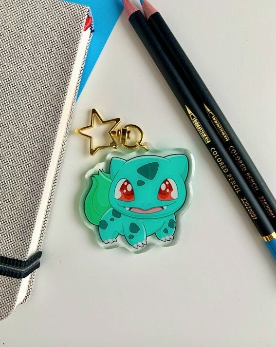 Bulbasaur Acrylic Keychain Charm - Pokemon Keychain - Gold Tone Star Clasp Keychain - Cute Pokemon Keychain