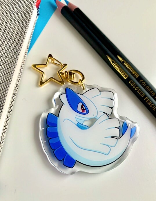 Lugia Acrylic Keychain Charm - Pokemon Keychain - Gold Tone Star Clasp Keychain - Cute Pokemon Keychain