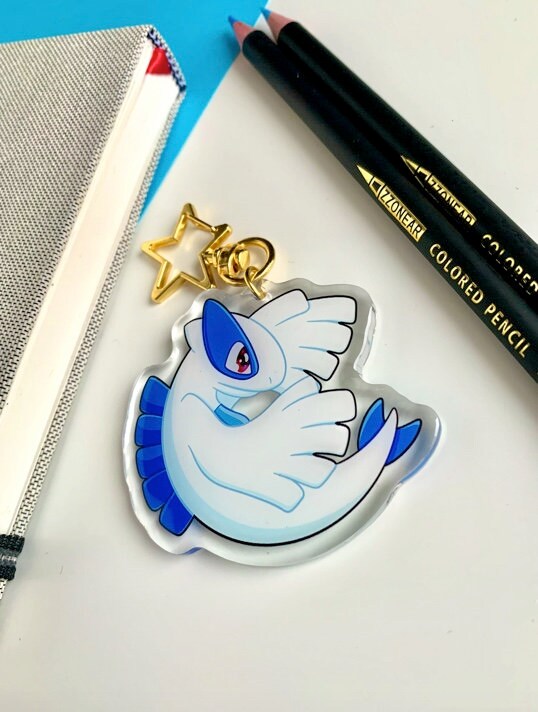 Lugia Acrylic Keychain Charm - Pokemon Keychain - Gold Tone Star Clasp Keychain - Cute Pokemon Keychain