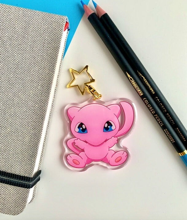 Mew Acrylic Keychain Charm - Pokemon Keychain - Gold Tone Star Clasp Keychain - Cute Pokemon Keychain