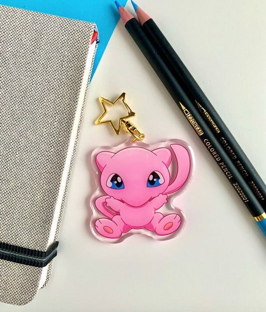 Mew Acrylic Keychain Charm - Pokemon Keychain - Gold Tone Star Clasp Keychain - Cute Pokemon Keychain