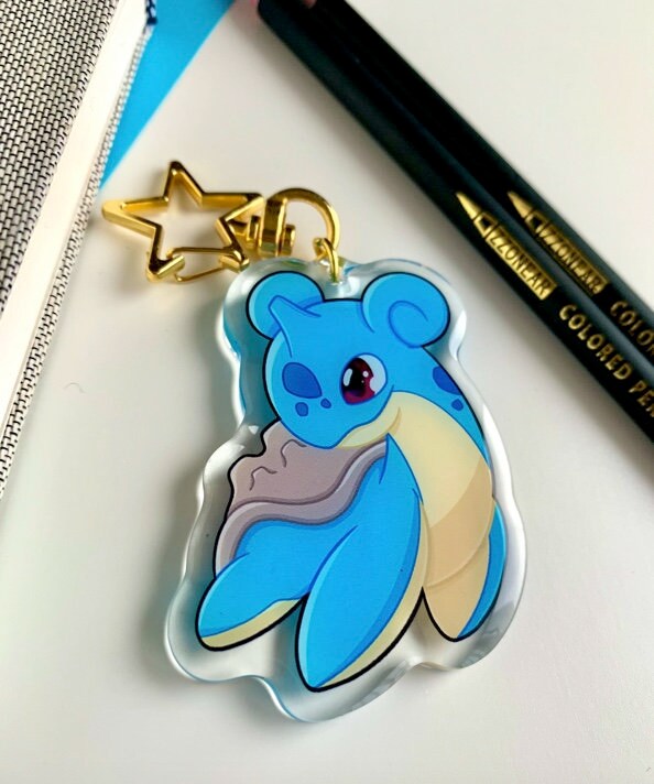 Lapras Acrylic Keychain Charm - Pokemon Keychain - Gold Tone Star Clasp Keychain - Cute Pokemon Keychain