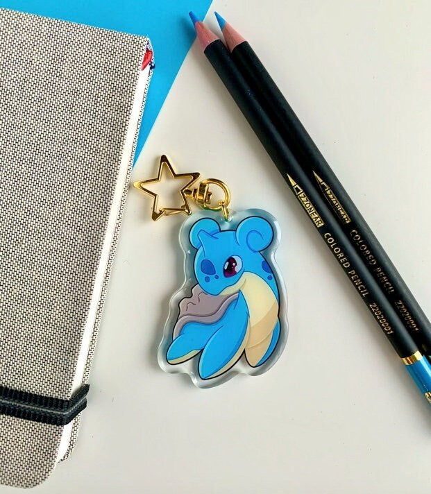 Lapras Acrylic Keychain Charm - Pokemon Keychain - Gold Tone Star Clasp Keychain - Cute Pokemon Keychain