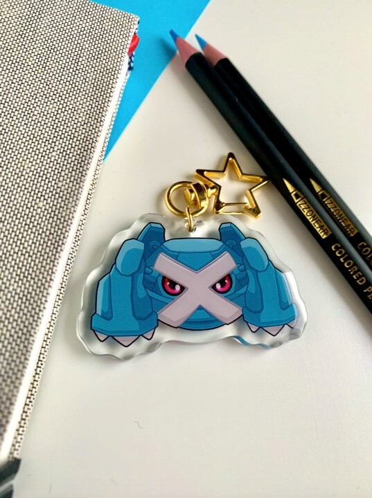 Metagross Acrylic Keychain Charm - Pokemon Keychain - Gold Tone Star Clasp Keychain - Cute Pokemon Keychain