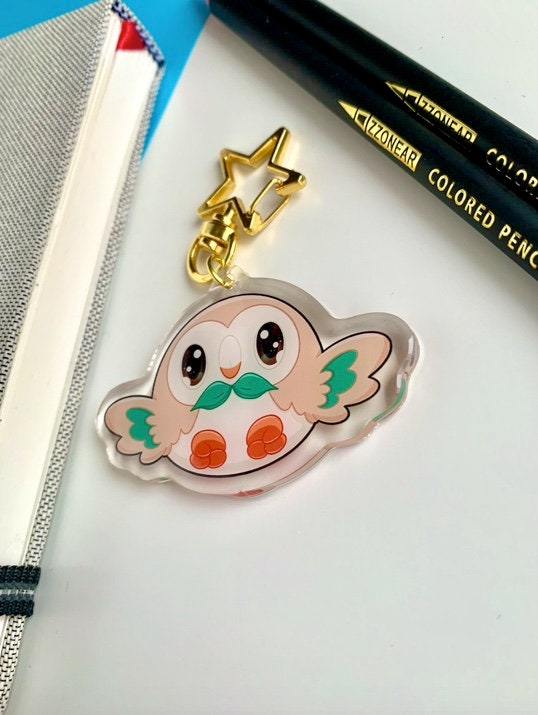 Rowlet Acrylic Keychain Charm - Pokemon Keychain - Gold Tone Star Clasp Keychain - Cute Pokemon Keychain