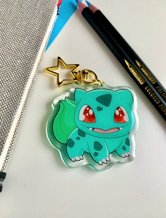 Bulbasaur Acrylic Keychain Charm - Pokemon Keychain - Gold Tone Star Clasp Keychain - Cute Pokemon Keychain