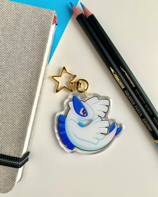 Lugia Acrylic Keychain Charm - Pokemon Keychain - Gold Tone Star Clasp Keychain - Cute Pokemon Keychain