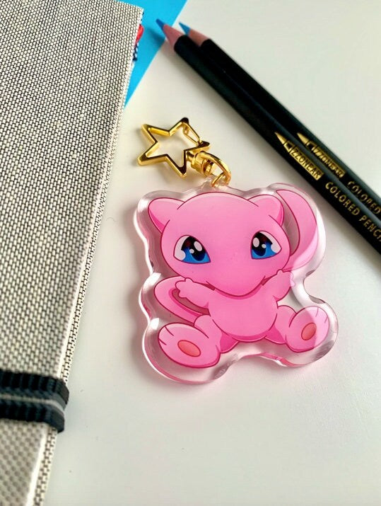 Mew Acrylic Keychain Charm - Pokemon Keychain - Gold Tone Star Clasp Keychain - Cute Pokemon Keychain