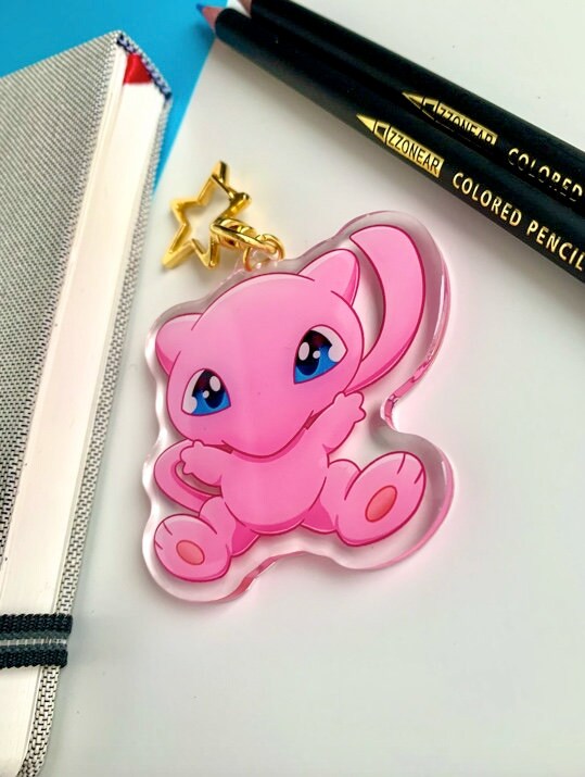 Mew Acrylic Keychain Charm - Pokemon Keychain - Gold Tone Star Clasp Keychain - Cute Pokemon Keychain