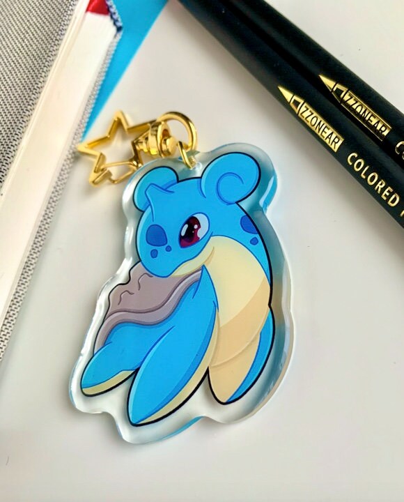 Lapras Acrylic Keychain Charm - Pokemon Keychain - Gold Tone Star Clasp Keychain - Cute Pokemon Keychain