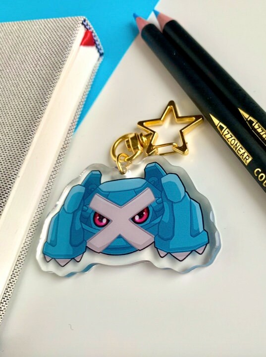 Metagross Acrylic Keychain Charm - Pokemon Keychain - Gold Tone Star Clasp Keychain - Cute Pokemon Keychain