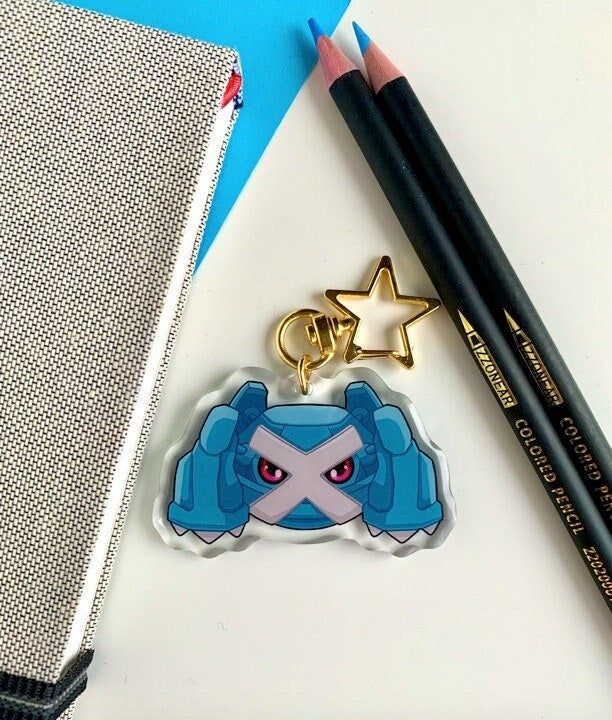 Metagross Acrylic Keychain Charm - Pokemon Keychain - Gold Tone Star Clasp Keychain - Cute Pokemon Keychain