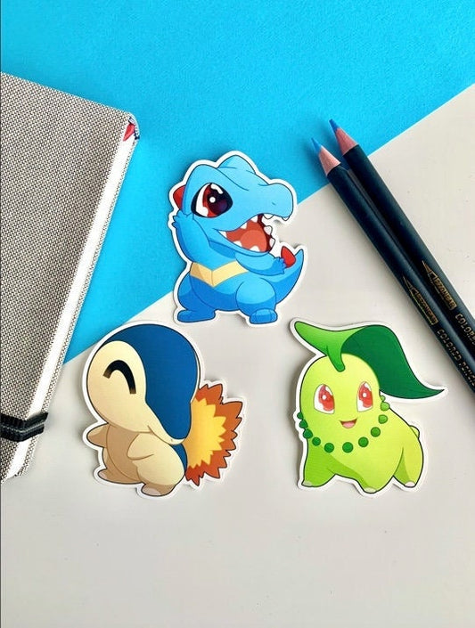 Johto Starters Vinyl Sticker Set - Pokemon Sticker - Weatherproof Die Cut Sticker - Cyndaquil Totodile Chikorita Pokemon Sticker