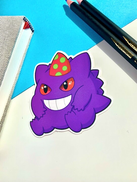 Gengar Party Hat Vinyl Sticker - Pokemon Sticker - Weatherproof Die Cut Sticker - Cute Pokemon Sticker