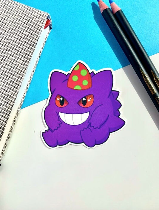 Gengar Party Hat Vinyl Sticker - Pokemon Sticker - Weatherproof Die Cut Sticker - Cute Pokemon Sticker