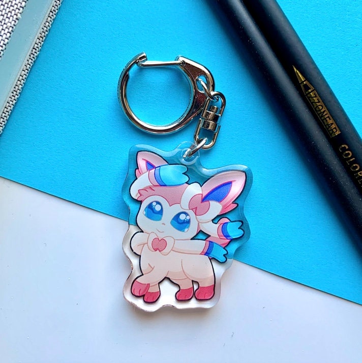 Eeveelutions Acrylic Keychain Charm - Pokemon Keychain - Silver Tone Round Clasp Keychain - Cute Pokemon Keychain