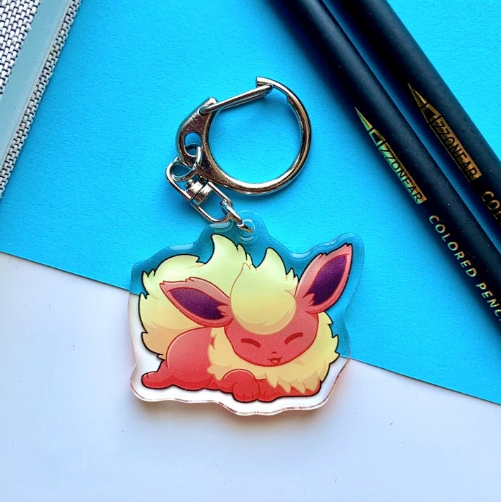 Eeveelutions Acrylic Keychain Charm - Pokemon Keychain - Silver Tone Round Clasp Keychain - Cute Pokemon Keychain