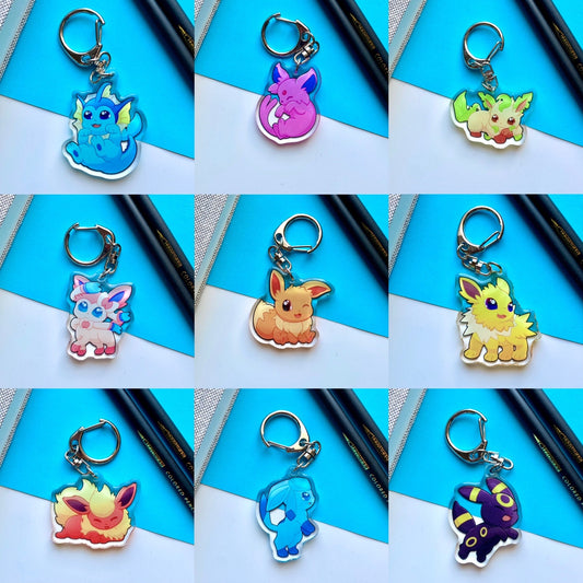 Eeveelutions Acrylic Keychain Charm - Pokemon Keychain - Silver Tone Round Clasp Keychain - Cute Pokemon Keychain