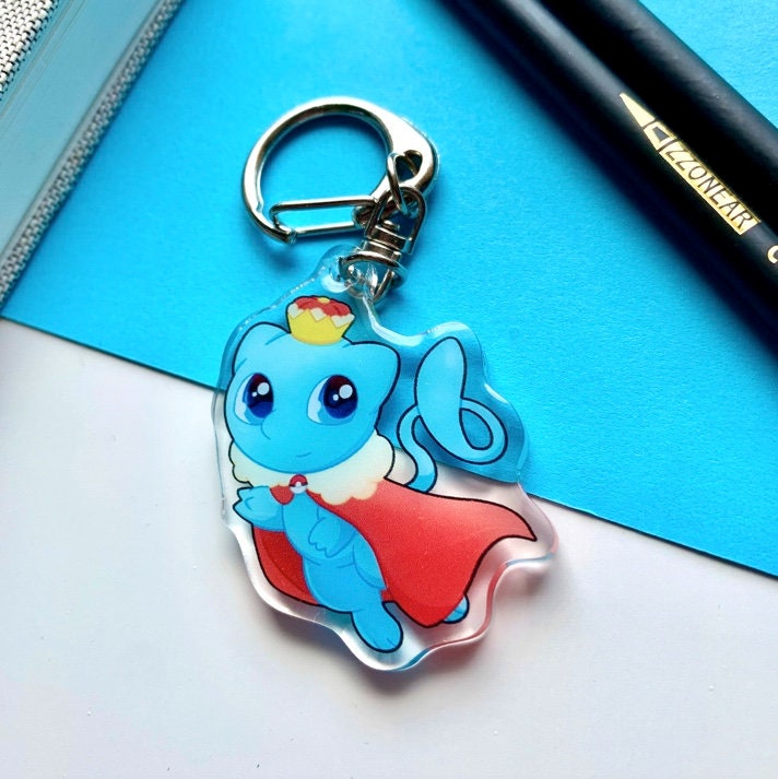 Shiny Mew Acrylic Keychain Charm - Pokemon Keychain - Silver Tone Round Clasp Keychain - Cute Pokemon Keychain