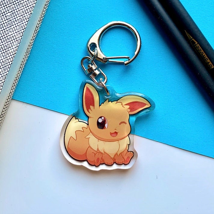 Eeveelutions Acrylic Keychain Charm - Pokemon Keychain - Silver Tone Round Clasp Keychain - Cute Pokemon Keychain