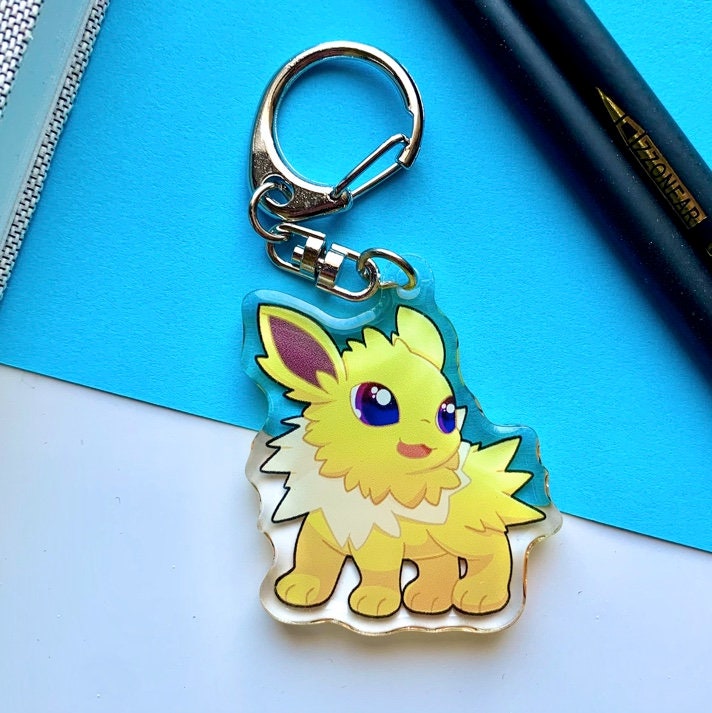 Eeveelutions Acrylic Keychain Charm - Pokemon Keychain - Silver Tone Round Clasp Keychain - Cute Pokemon Keychain