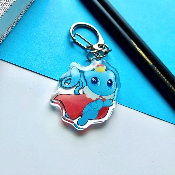 Shiny Mew Acrylic Keychain Charm - Pokemon Keychain - Silver Tone Round Clasp Keychain - Cute Pokemon Keychain