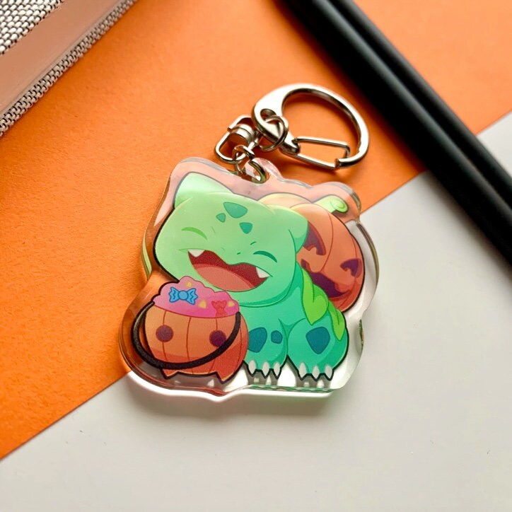 Bulbasaur Halloween Acrylic Keychain Charm - Pokemon Keychain - Silver Tone Round Clasp Keychain - Cute Pokemon Keychain