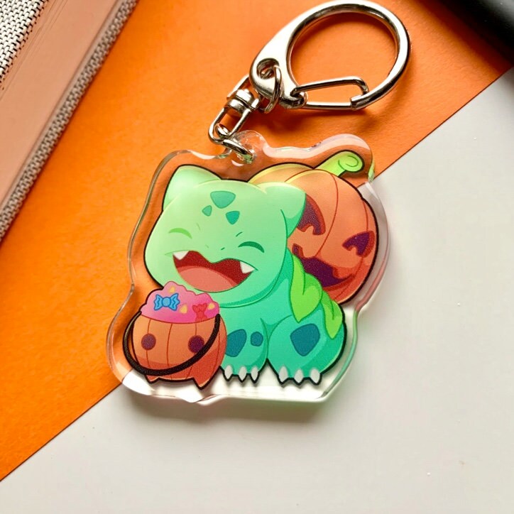 Bulbasaur Halloween Acrylic Keychain Charm - Pokemon Keychain - Silver Tone Round Clasp Keychain - Cute Pokemon Keychain