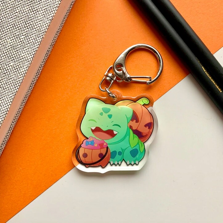 Bulbasaur Halloween Acrylic Keychain Charm - Pokemon Keychain - Silver Tone Round Clasp Keychain - Cute Pokemon Keychain