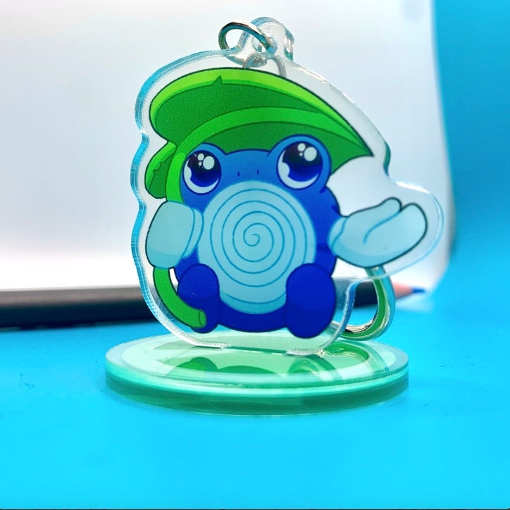 Poliwhirl Acrylic Keychain Standee Charm - Pokemon Keychain - Silver Tone Round Clasp Keychain - Cute Pokemon Keychain