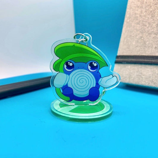 Poliwhirl Acrylic Keychain Standee Charm - Pokemon Keychain - Silver Tone Round Clasp Keychain - Cute Pokemon Keychain