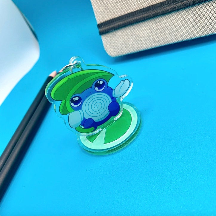 Poliwhirl Acrylic Keychain Standee Charm - Pokemon Keychain - Silver Tone Round Clasp Keychain - Cute Pokemon Keychain