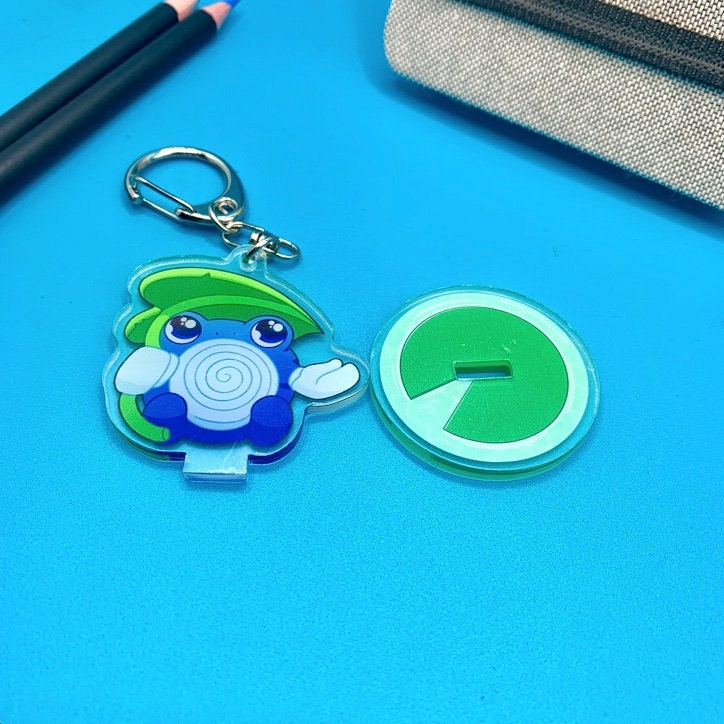 Poliwhirl Acrylic Keychain Standee Charm - Pokemon Keychain - Silver Tone Round Clasp Keychain - Cute Pokemon Keychain