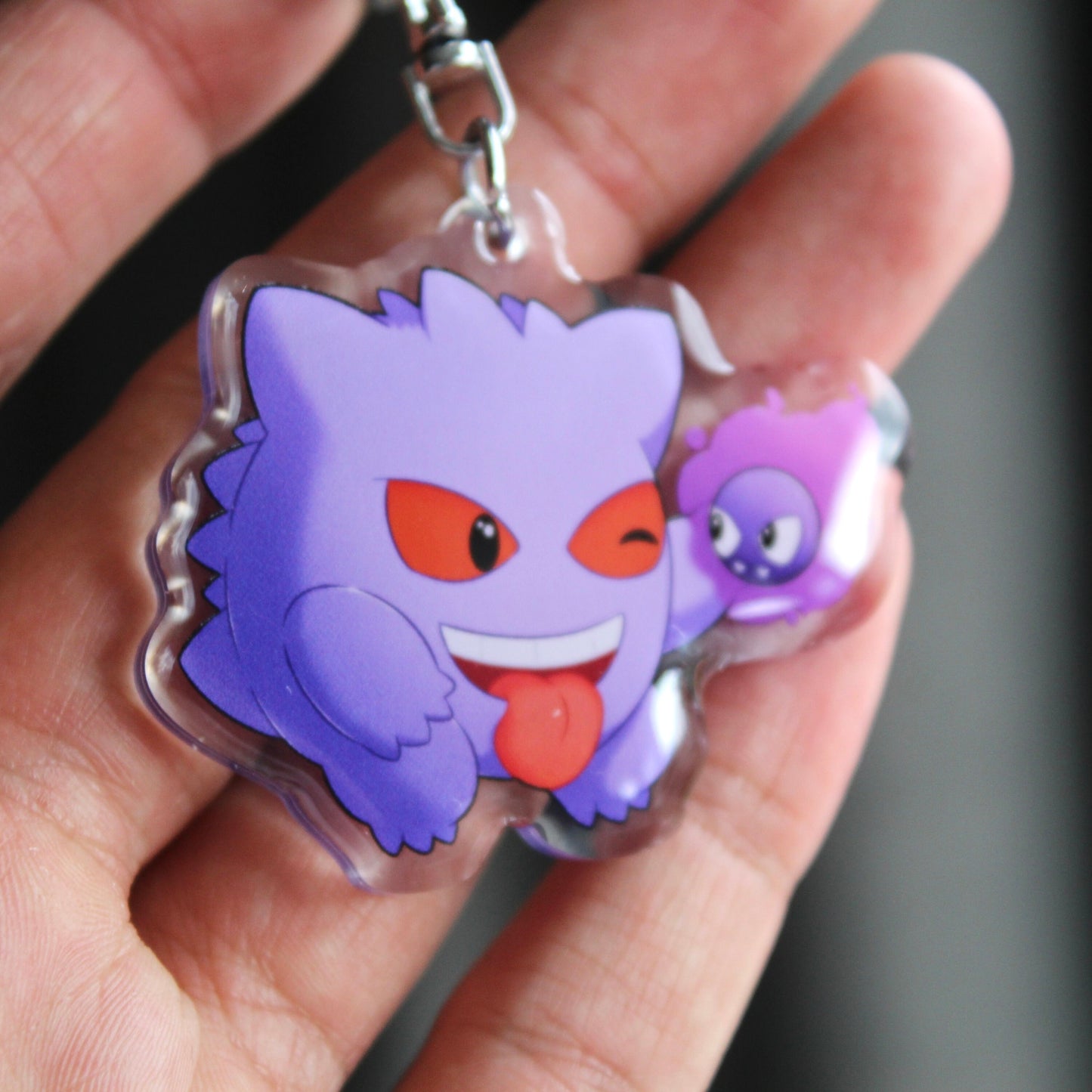 Gengar Acrylic Keychain Charm - Pokemon Keychain - Silver Tone Round Clasp Keychain - Cute Pokemon Keychain